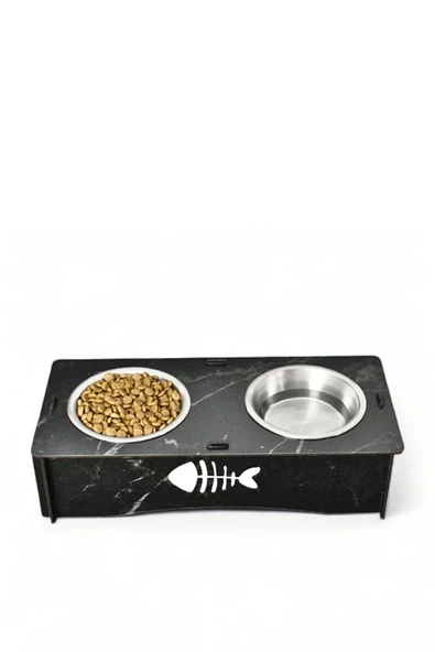 Evene Kedi Mama Kabı Kedi Su Kabı Kedi Mama ve Su Kabı Kedi Yemek Kabı 2 Çelik Kase Model 5 Siyah Mermer ürün görseli 1