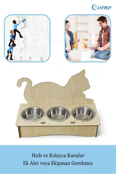 Evene Kedi Mama Kabı Kedi Su Kabı Kedi Mama ve Su Kabı Kedi Yemek Kabı 3 Çelik Kase Model 4 Açık Meşe - 5