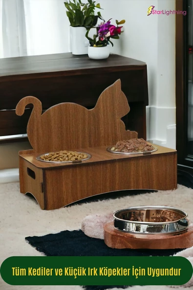 StarLightning Ahşap Kedi Mama Kabı Standı Ceviz Premium Boyalı Paslanmaz Çelik Kaseli Model 4 - Resim 4