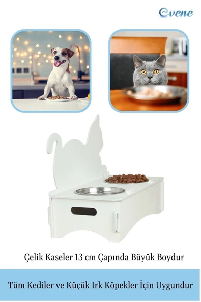 Evene Mama Su Kabı Paslanmaz Çelik Taslı 2'li Ahşap Kedi Ve Köpek Suluk Kedi Arkalık Model - Resim 3