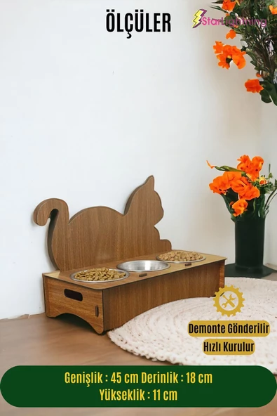 StarLightning Büyük Ahşap Kedi Mama Kabı Standı Ceviz Premium Boyalı 3'lü Paslanmaz Çelik Kaseli Model 4 - Resim 2
