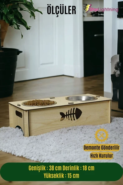 StarLightning Ahşap Kedi Mama Kabı Standı Açık Meşe Premium Boyalı Paslanmaz Çelik Kaseli Model 5 - Resim 2