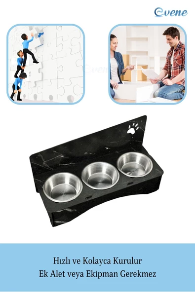 Evene Kedi Mama Kabı Kedi Su Kabı Kedi Mama ve Su Kabı Kedi Yemek Kabı 3 Çelik Kase Model 2 Siyah Mermer - Resim 5