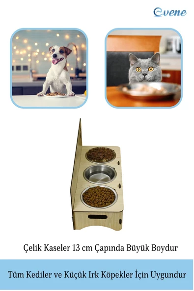 Evene Kedi Mama Kabı Kedi Su Kabı Kedi Mama ve Su Kabı Kedi Yemek Kabı 3 Çelik Kase Model 2 Açık Meşe - Resim 4