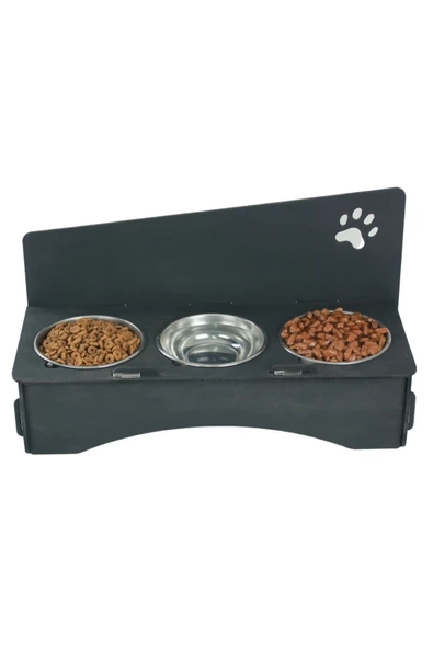 Evene Mama Su Kabı Paslanmaz Çelik Taslı 3'lü Ahşap Kedi Ve Köpek Suluk Patili Model ürün görseli 1