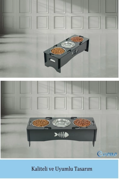 Evene Mama Su Kabı Paslanmaz Çelik Taslı 3'lü Ahşap Kedi Ve Köpek Suluk Balıklı Model - Resim 6