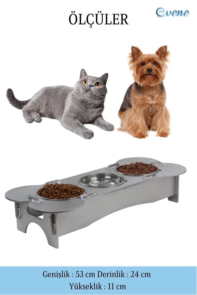 Evene Mama Su Kabı Paslanmaz Çelik Taslı 3'lü Ahşap Kedi Ve Köpek Suluk Kemik Model - 2