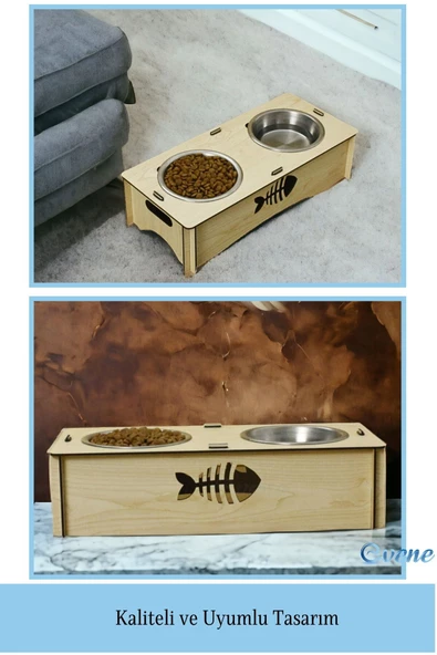 Evene Kedi Mama Kabı Kedi Su Kabı Kedi Mama ve Su Kabı Kedi Yemek Kabı 2 Çelik Kase Model 5 Açık Meşe - 3