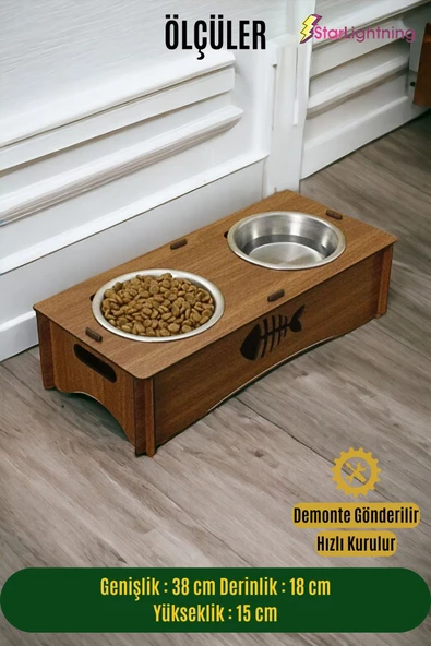 StarLightning Ahşap Kedi Mama Kabı Standı Ceviz Premium Boyalı Paslanmaz Çelik Kaseli Model 5 - Resim 2