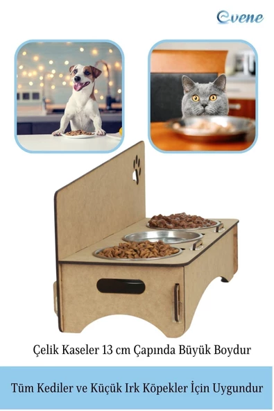 Evene Mama Su Kabı Paslanmaz Çelik Taslı 3'lü Ahşap Kedi Ve Köpek Suluk Patili Model - Resim 3