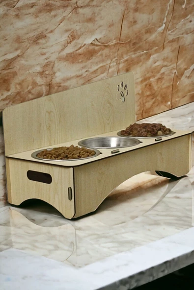 StarLightning Büyük Ahşap Kedi Mama Kabı Standı Bej Premium Boyalı 3'lü Paslanmaz Çelik Kaseli Model 2 ürün görseli 1