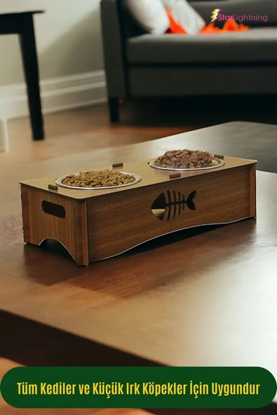 StarLightning Ahşap Kedi Mama Kabı Standı Ceviz Premium Boyalı Paslanmaz Çelik Kaseli Model 5 - Resim 4