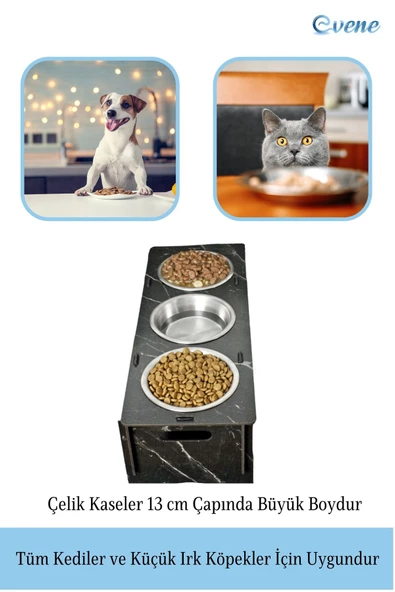 Evene Kedi Mama Kabı Kedi Su Kabı Kedi Mama ve Su Kabı Kedi Yemek Kabı 3 Çelik Kase Model 5 Siyah Mermer - Resim 4
