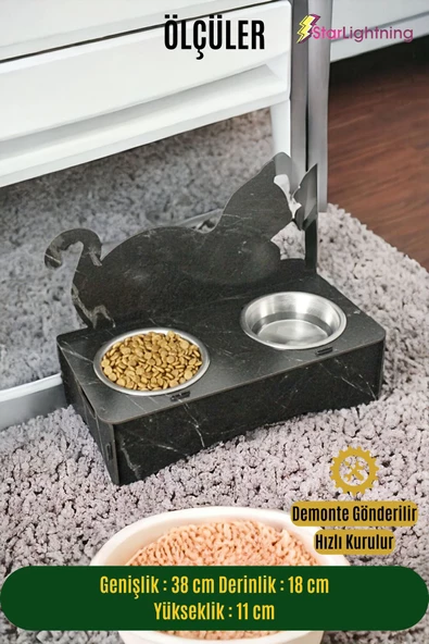 StarLightning Ahşap Kedi Mama Kabı Standı Siyah Mermer Premium Boyalı Paslanmaz Çelik Kaseli Model 4 - 2