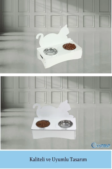 Evene Mama Su Kabı Paslanmaz Çelik Taslı 2'li Ahşap Kedi Ve Köpek Suluk Kedi Arkalık Model - Resim 6