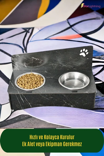 StarLightning Ahşap Kedi Mama Kabı Standı Siyah Mermer Premium Boyalı Paslanmaz Çelik Kaseli Model 2 - Resim 3
