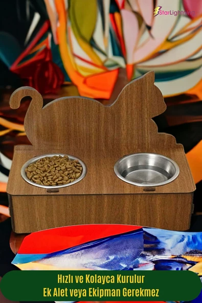 StarLightning Ahşap Kedi Mama Kabı Standı Ceviz Premium Boyalı Paslanmaz Çelik Kaseli Model 4 - Resim 3