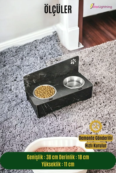 StarLightning Ahşap Kedi Mama Kabı Standı Siyah Mermer Premium Boyalı Paslanmaz Çelik Kaseli Model 2 - Resim 2
