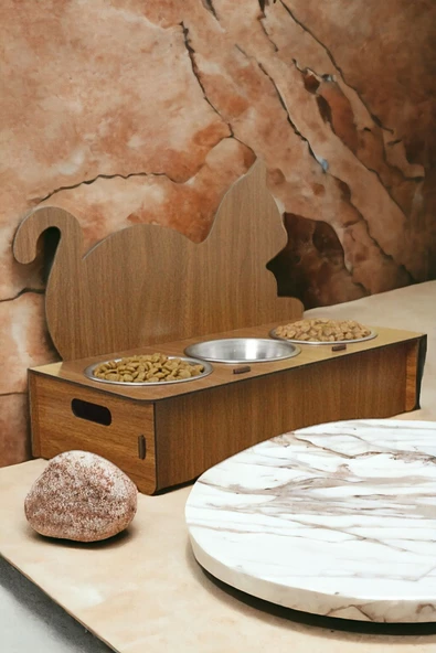 StarLightning Büyük Ahşap Kedi Mama Kabı Standı Ceviz Premium Boyalı 3'lü Paslanmaz Çelik Kaseli Model 4 ürün görseli 1