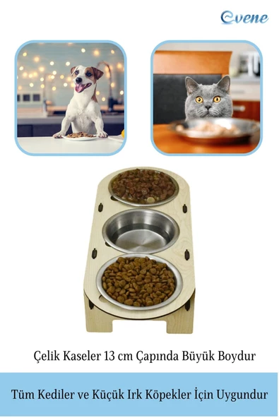 Evene Kedi Mama Kabı Kedi Su Kabı Kedi Mama ve Su Kabı Kedi Yemek Kabı 3 Çelik Kase Model 1 Açık Meşe - 4