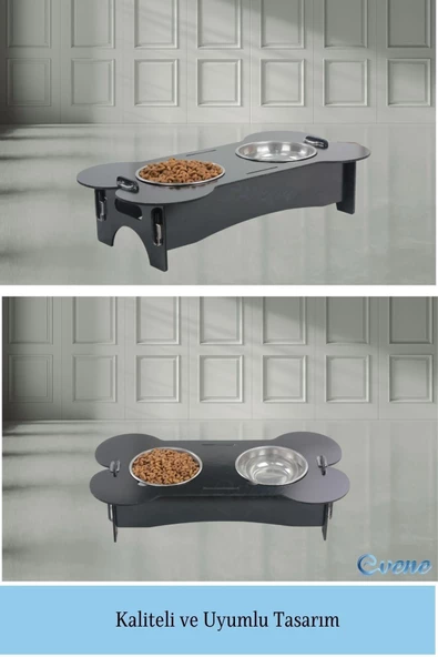 Evene Mama Su Kabı Paslanmaz Çelik Taslı 2'li Ahşap Kedi Ve Köpek Suluk Kemik Model - Resim 6