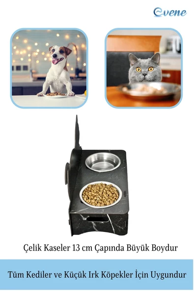 Evene Kedi Mama Kabı Kedi Su Kabı Kedi Mama ve Su Kabı Kedi Yemek Kabı 2 Çelik Kase Model 4 Siyah Mermer - 4