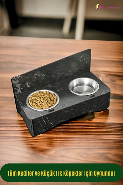 StarLightning Ahşap Kedi Mama Kabı Standı Siyah Mermer Premium Boyalı Paslanmaz Çelik Kaseli Model 2 - Resim 4