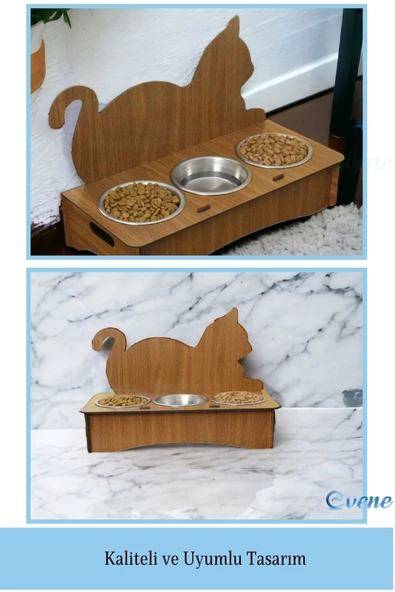 Evene Kedi Mama Kabı Kedi Su Kabı Kedi Mama ve Su Kabı Kedi Yemek Kabı 3 Çelik Kase Model 4 Ceviz - Resim 3