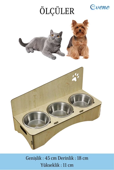 Evene Kedi Mama Kabı Kedi Su Kabı Kedi Mama ve Su Kabı Kedi Yemek Kabı 3 Çelik Kase Model 2 Açık Meşe - Resim 2