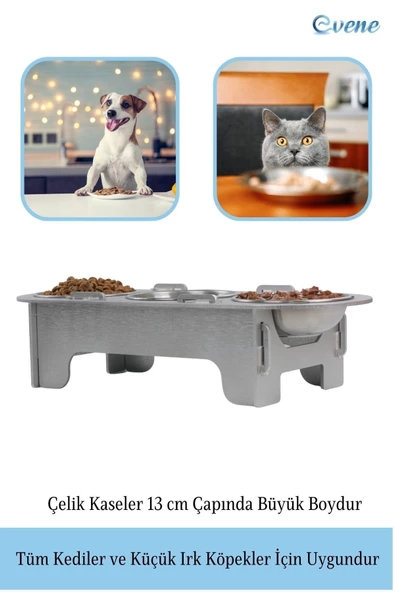 Evene Mama Su Kabı Paslanmaz Çelik Taslı 3'lü Ahşap Kedi Ve Köpek Suluk Oval Model - 3
