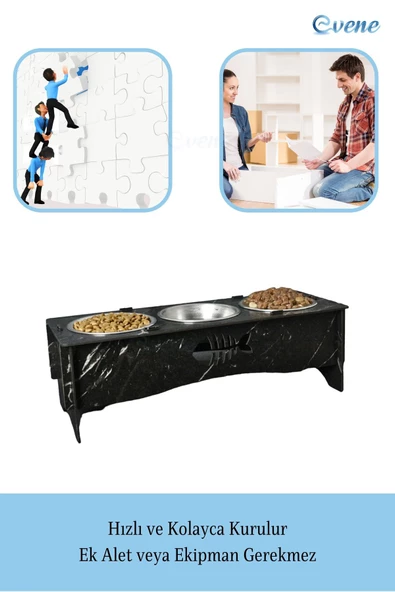 Evene Kedi Mama Kabı Kedi Su Kabı Kedi Mama ve Su Kabı Kedi Yemek Kabı 3 Çelik Kase Model 5 Siyah Mermer - Resim 5