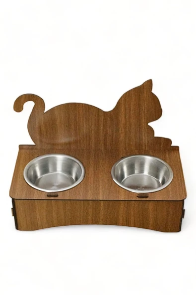 Evene Kedi Mama Kabı Kedi Su Kabı Kedi Mama ve Su Kabı Kedi Yemek Kabı 2 Çelik Kase Model 4 Ceviz