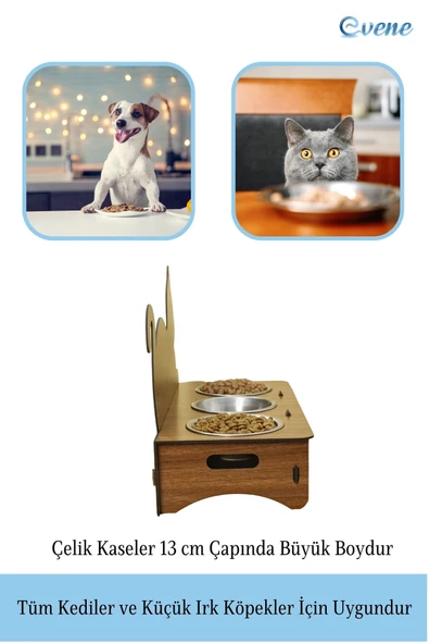 Evene Kedi Mama Kabı Kedi Su Kabı Kedi Mama ve Su Kabı Kedi Yemek Kabı 3 Çelik Kase Model 4 Ceviz - Resim 4