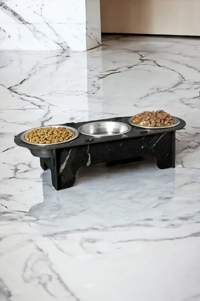 StarLightning Büyük Ahşap Kedi Mama Kabı Standı Siyah Mermer Premium Boyalı 3'lü Paslanmaz Çelik Kaseli Model 1 ürün görseli 1
