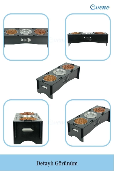 Evene Mama Su Kabı Paslanmaz Çelik Taslı 3'lü Ahşap Kedi Ve Köpek Suluk Balıklı Model - Resim 5