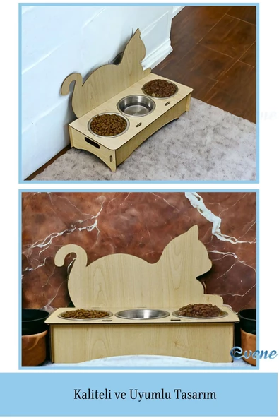 Evene Kedi Mama Kabı Kedi Su Kabı Kedi Mama ve Su Kabı Kedi Yemek Kabı 3 Çelik Kase Model 4 Açık Meşe - 3