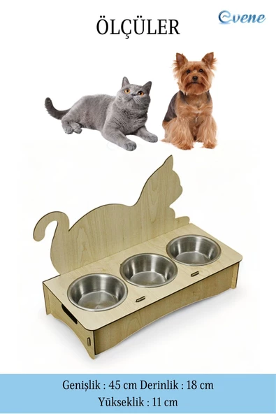 Evene Kedi Mama Kabı Kedi Su Kabı Kedi Mama ve Su Kabı Kedi Yemek Kabı 3 Çelik Kase Model 4 Açık Meşe - 2