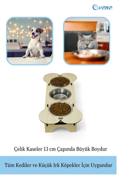 Evene Kedi Mama Kabı Kedi Su Kabı Kedi Mama ve Su Kabı Kedi Yemek Kabı 3 Çelik Kase Model 3 Açık Meşe - Resim 4
