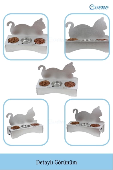 Evene Mama Su Kabı Paslanmaz Çelik Taslı 3'lü Ahşap Kedi Ve Köpek Suluk Kedi Arkalıklı Model - Resim 5