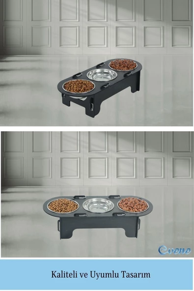 Evene Mama Su Kabı Paslanmaz Çelik Taslı 3'lü Ahşap Kedi Ve Köpek Suluk Oval Model - Resim 6