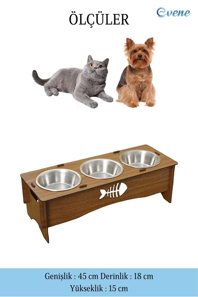 Evene Kedi Mama Kabı Kedi Su Kabı Kedi Mama ve Su Kabı Kedi Yemek Kabı 3 Çelik Kase Model 5 Ceviz - 2