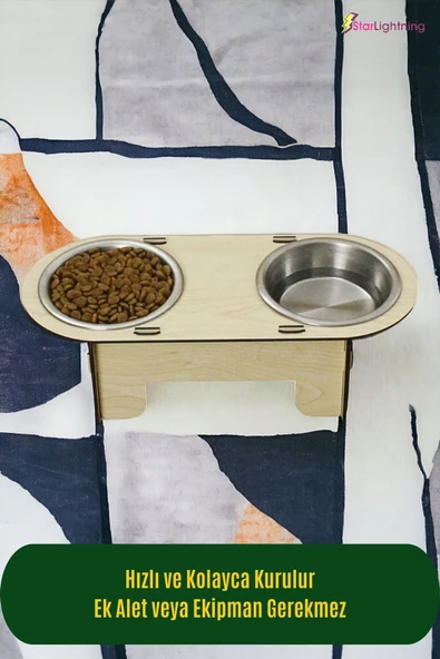 StarLightning Ahşap Kedi Mama Kabı Standı Açık Meşe Premium Boyalı Paslanmaz Çelik Kaseli Model 1 - Resim 3