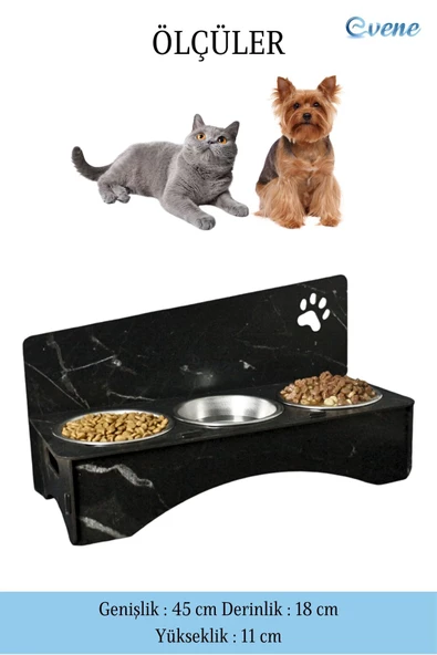 Evene Kedi Mama Kabı Kedi Su Kabı Kedi Mama ve Su Kabı Kedi Yemek Kabı 3 Çelik Kase Model 2 Siyah Mermer - Resim 2