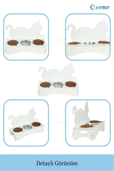Evene Mama Su Kabı Paslanmaz Çelik Taslı 3'lü Ahşap Kedi Ve Köpek Suluk Kedi Arkalıklı Model - 5