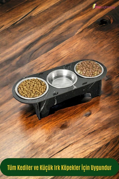 StarLightning Büyük Ahşap Kedi Mama Kabı Standı Siyah Mermer Premium Boyalı 3'lü Paslanmaz Çelik Kaseli Model 1 - Resim 4