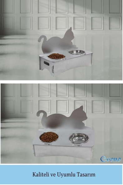 Evene Mama Su Kabı Paslanmaz Çelik Taslı 2'li Ahşap Kedi Ve Köpek Suluk Kedi Arkalık Model - Resim 6