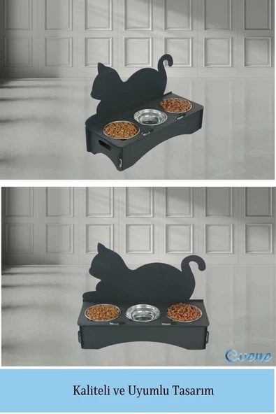 Evene Mama Su Kabı Paslanmaz Çelik Taslı 3'lü Ahşap Kedi Ve Köpek Suluk Kedi Arkalıklı Model - Resim 6