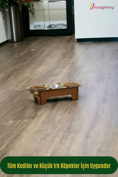 StarLightning Büyük Ahşap Kedi Mama Kabı Standı Ceviz Premium Boyalı 3'lü Paslanmaz Çelik Kaseli Model 1 - Resim 4