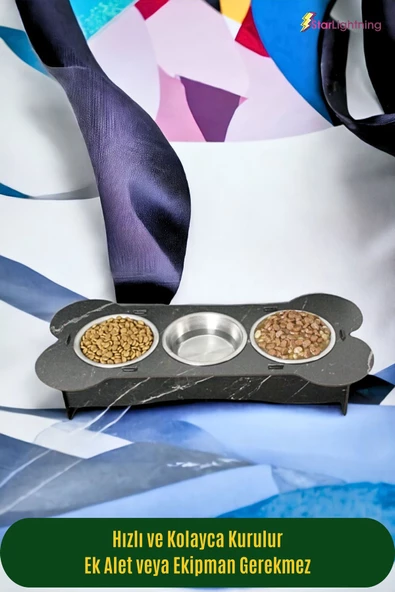 StarLightning Büyük Ahşap Kedi Mama Kabı Standı Siyah Mermer Premium Boyalı 3'lü Paslanmaz Çelik Kaseli Model 3 - Resim 3