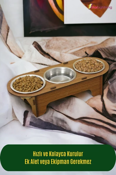 StarLightning Büyük Ahşap Kedi Mama Kabı Standı Ceviz Premium Boyalı 3'lü Paslanmaz Çelik Kaseli Model 1 - Resim 3